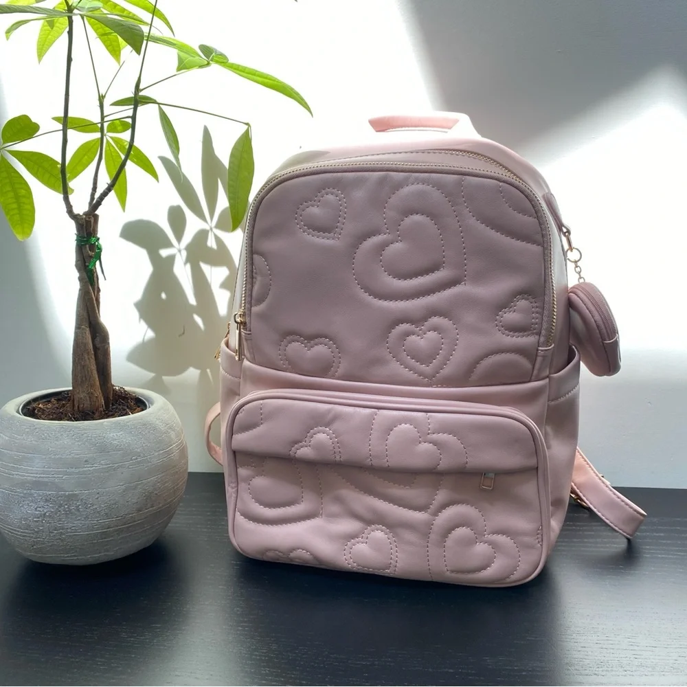 Like Dreams Crush Embossing Pink Quilted Heart-Patterned Backpack